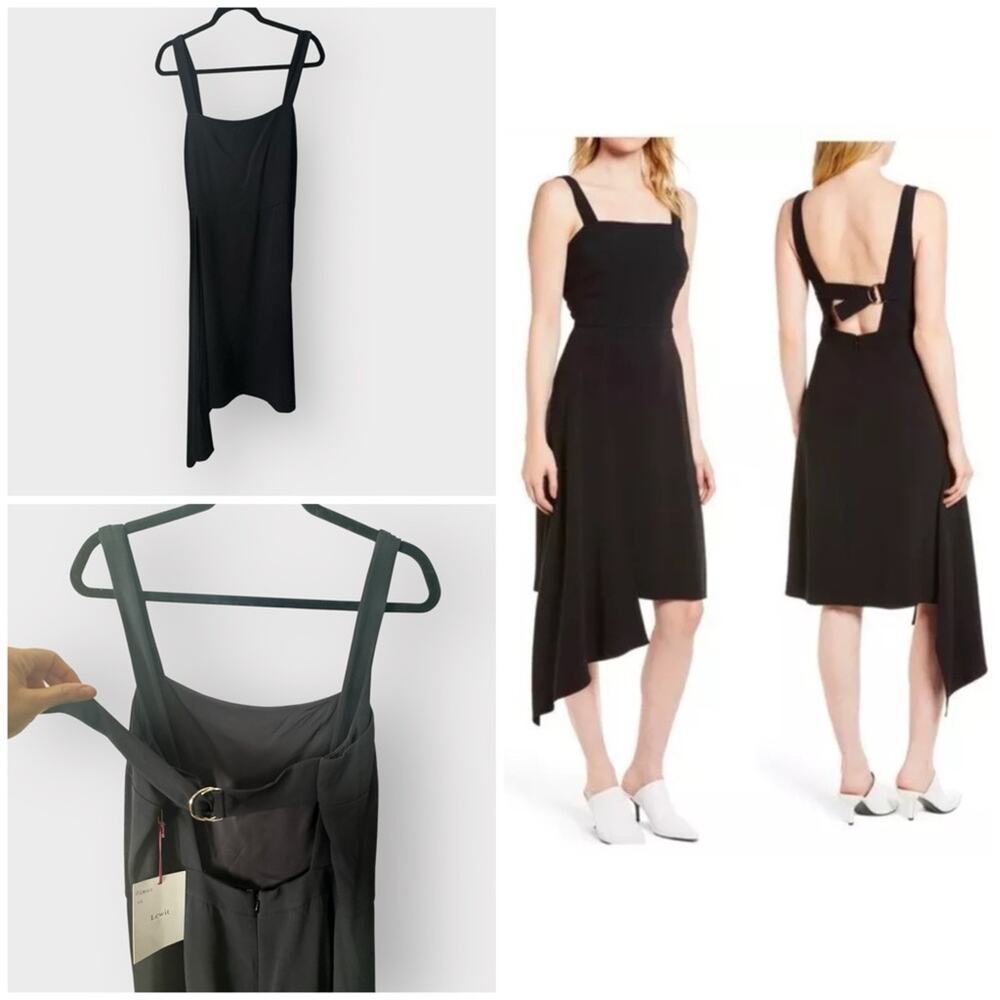NEW LEWIT drape side open back jumper bib dress midi
